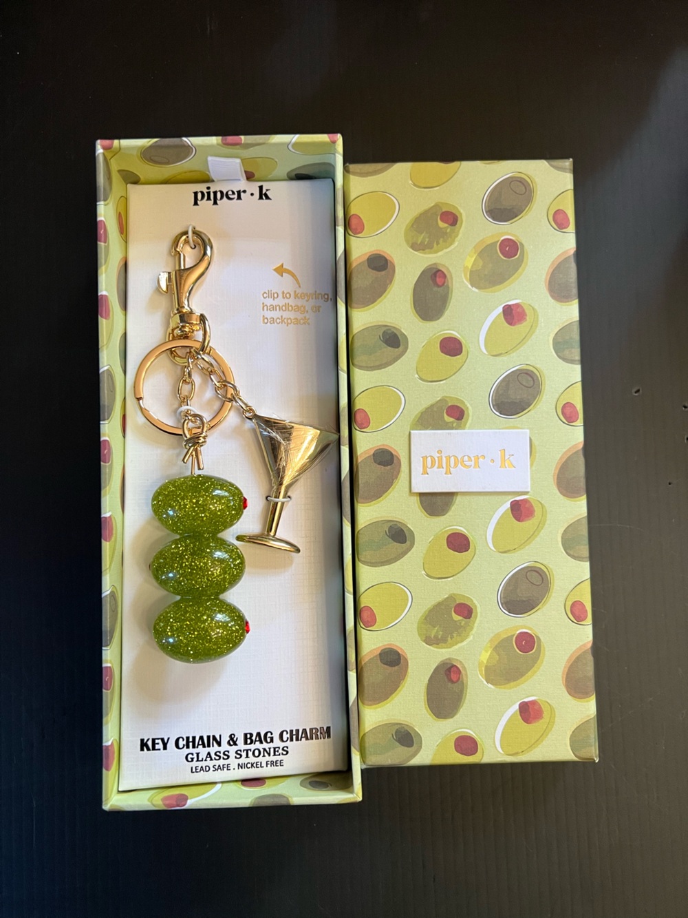 piper·k Green Olive & Martini Glass Key Chain Bag Charm